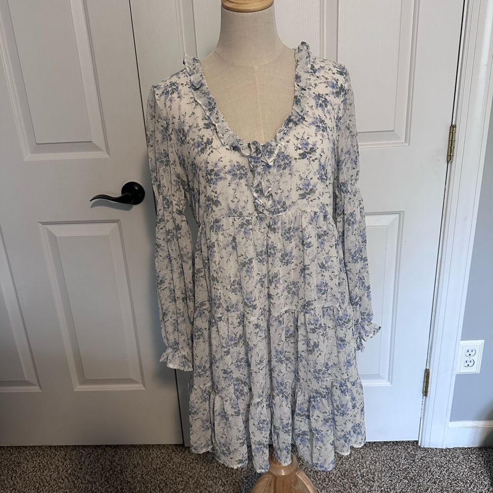 Storia White Mini Dress with Light Blue Floral Print